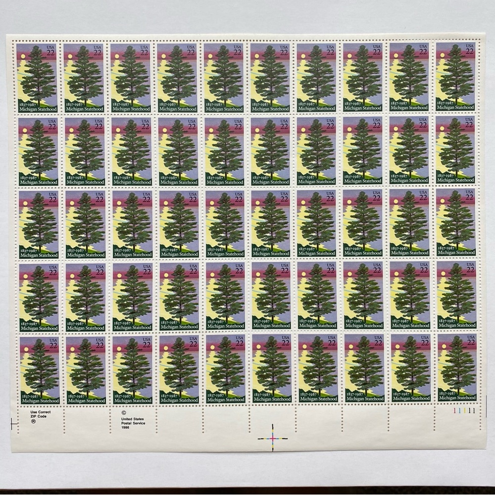 Michigan Statehood Stamps Full Sheet Of 50 US Scott 2246 Pine Tree 1987 MNH